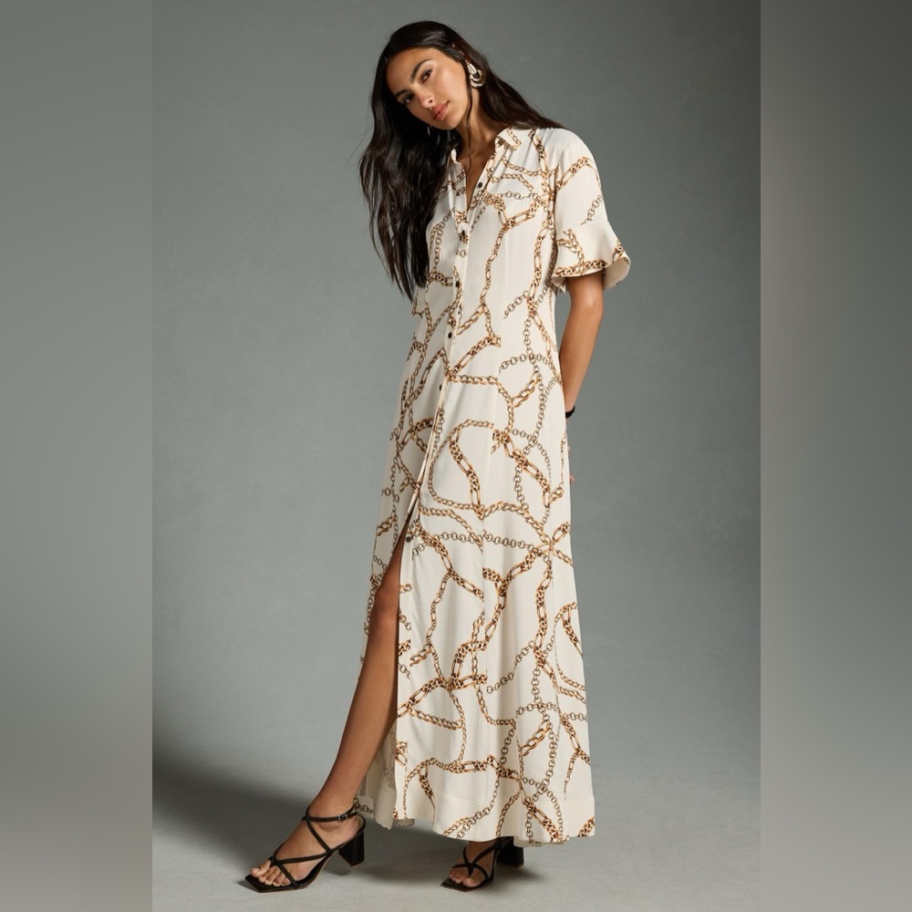 Maeve for Anthropologie Chain Printed Short Sleeve Maxi Shirt Dress Size XS